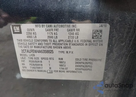 2010 GMC Terrain Slt-1 z USA, uszkodzony, nr VIN 2CTALFEW4A6358825